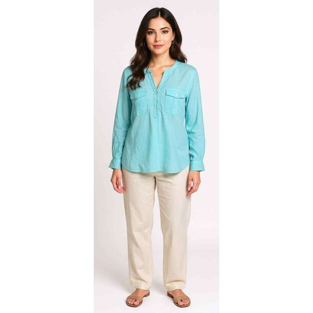 Talbots 100% Linen Blouse Women's XL petite Long Sleeve Shirt Blue beach resort